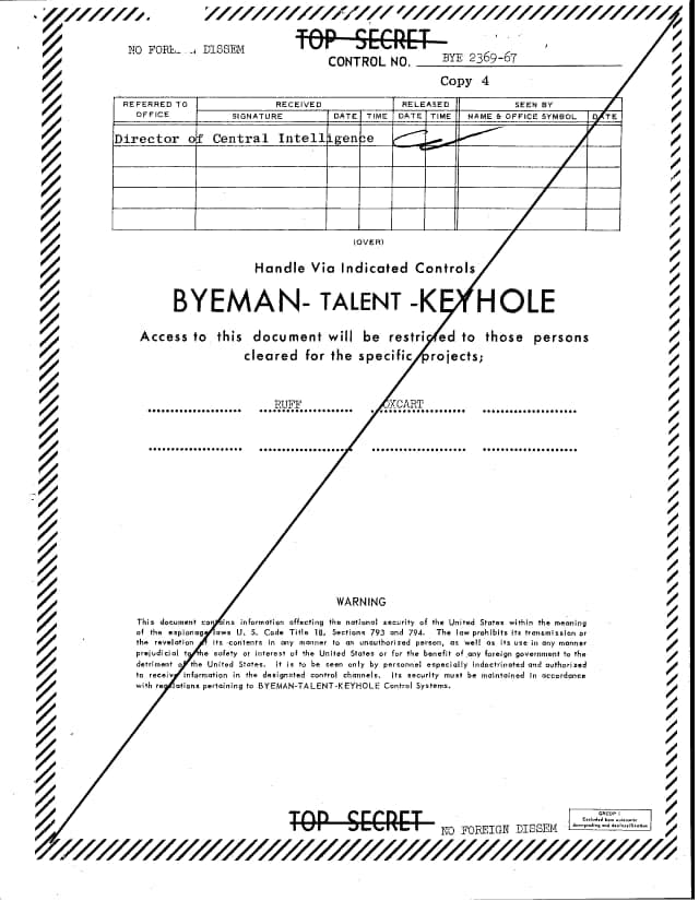 Declassified CIA control cover sheet for a 1967 OXCART memorandum, with control markings struck through.