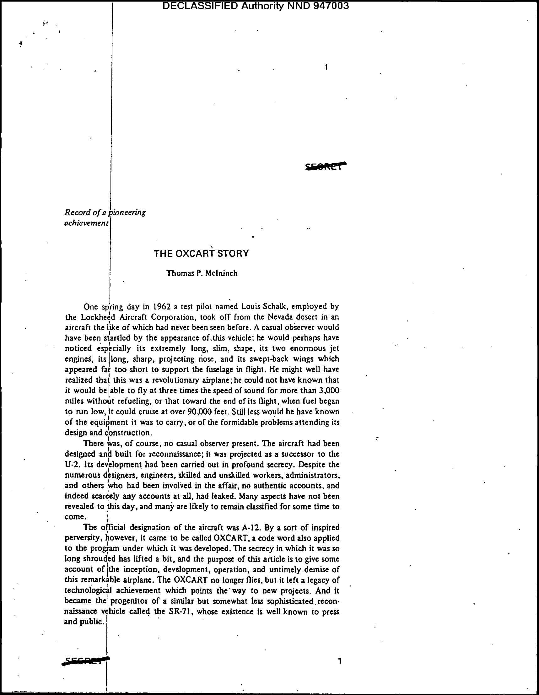 Typed title page of the CIA article The Oxcart Story, with declassification markings.