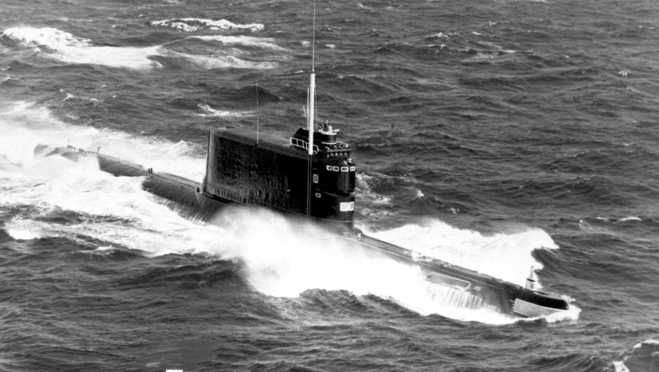 Aerial view of a Soviet Golf II-class ballistic missile submarine underway (U.S. Navy reconnaissance photo)