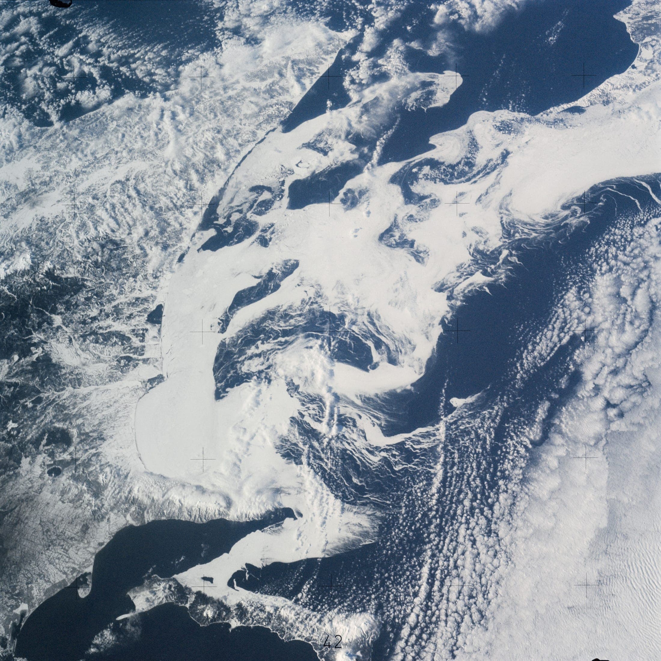 Oblique view of the southern Sea of Okhotsk photographed from the Skylab space station
