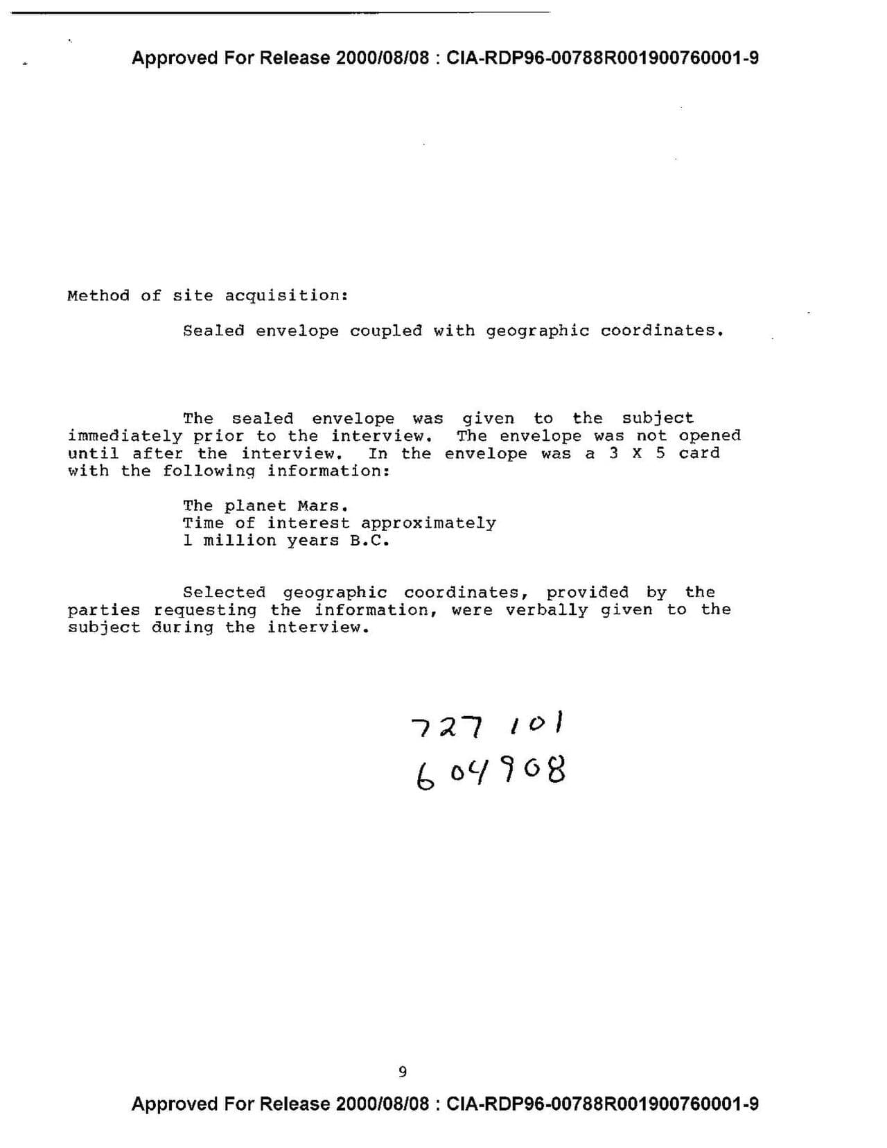 Declassified remote-viewing protocol page — 'Method of site acquisition: sealed envelope' — from the CIA STAR GATE collection