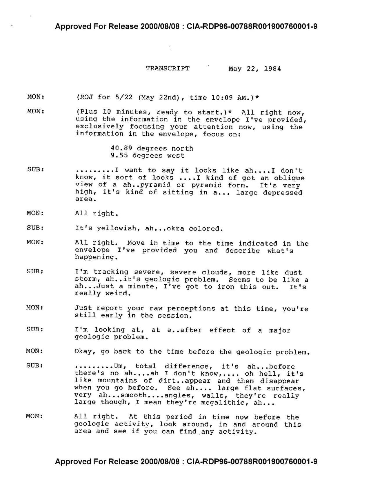 Declassified remote-viewing session transcript 'Mars Exploration' from the CIA STAR GATE collection (CIA-RDP96-00788R001900760001-9)