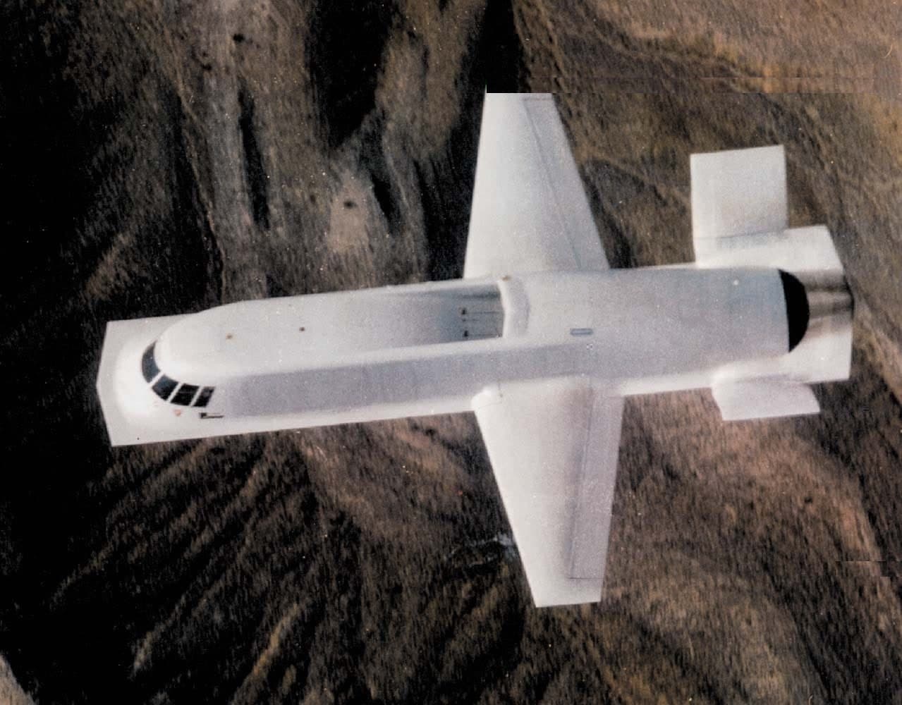 Northrop Tacit Blue in flight seen from above over desert terrain (minor scan artifacts retouched)
